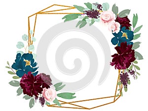 Geometric floral label golden frame border lavel arranged from leaves and botanical blooming