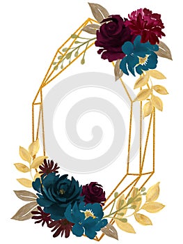 Geometric floral label golden frame border lavel arranged from leaves and botanical blooming