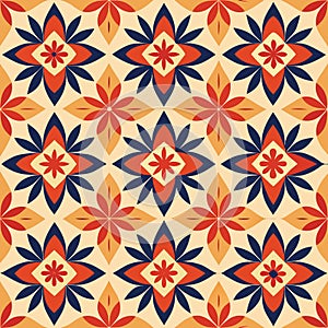 Geometric floral pattern in red blue and orange tile