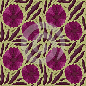 Geometric floral seamless pattern with beautiful detailed fantasy violet purple flowers and leaves on green background. Vector