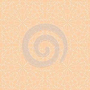 Geometric floral vector seamless pattern with white lace on soft orange background.