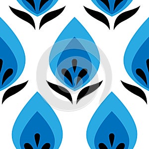 Geometric flower shapes with leaves botanical white blue indigo black seamless pattern on white