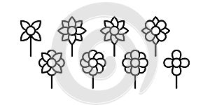 Geometric flowers shapes icon set. Minimalist flower symbols. Black outline. Vector illustration, flat design