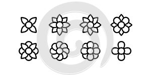 Geometric flowers shapes icon set. Minimalist flower symbols. Black outline. Vector illustration, flat design