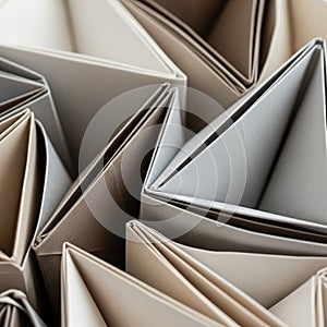 Geometric folds in a paper material create a pattern of triangular shapes. The paper is