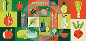 Geometric food. Abstract organic farm vegetables and fruits. Banner with healthy vegan meal. Strawberry or tomato