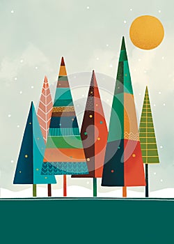 Geometric forest tree for Christmas holiday greeting card with copy space. Bright abstract winter pine