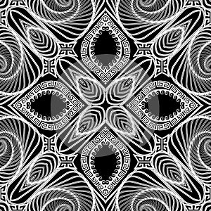 Geometric fractals black and white vector seamless pattern. Abstract fractal lines greek background. Repeat geometrical