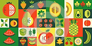 Geometric fruit mosaic. Healthy diet, fresh juicy fruits and berries. Natural grocery food products grid tiles vector