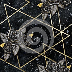 GEOMETRIC GALAXY BACKGROUND WITH BLACK ROSES SEAMLESS PATTERN