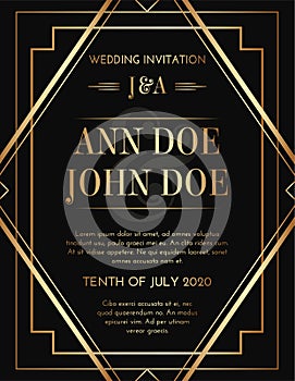 Geometric Gatsby Art Deco Style Black Gold Print Invitation Design photo