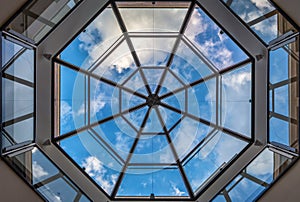 Geometric glass dome in the roof of a building