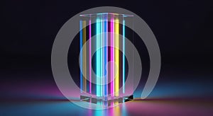 Geometric Glass Prism with Vibrant Neon Lights Inside and Reflected on a Dark Surface 5185 image