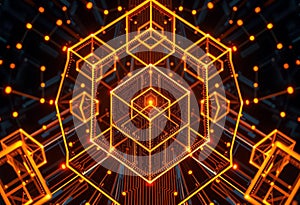 Geometric glowing orange cube structure with interconnected lines and dots in a dark space