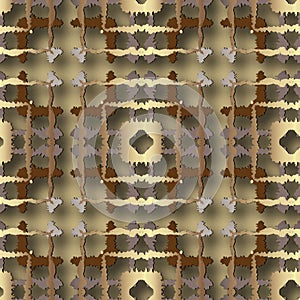 Geometric gold 3d seamless pattern. Modern ornamental plaid background. Vector repeat textured backdrop. Geometry tartan checkered