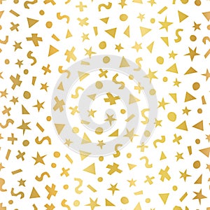 Geometric gold foil shapes seamless vector pattern. Triangles, dots, stars, and circles faux metallic golden texture on