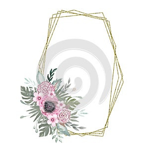 Geometric gold frame with a floral arrangement of flowers branches and tropical leaves in boho style Wedding Botanical bouquet on