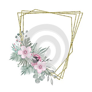 Geometric gold frame with a floral arrangement of flowers branches and tropical leaves in boho style Wedding Botanical bouquet on