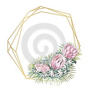 Geometric gold frame with protea flowers, tropical leaves, palm leaves, bouvardia flowers. Wedding bouquet in a frame