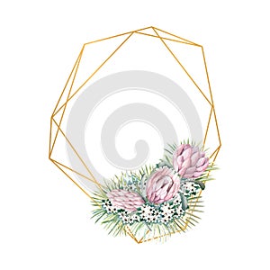 Geometric gold frame with protea flowers, tropical leaves, palm leaves, bouvardia flowers. Wedding bouquet in a frame