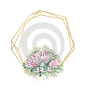 Geometric gold frame with protea flowers, tropical leaves, palm leaves, bouvardia flowers. Wedding bouquet in a frame