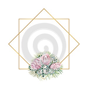 Geometric gold frame with protea flowers, tropical leaves, palm leaves, bouvardia flowers. Wedding bouquet in a frame