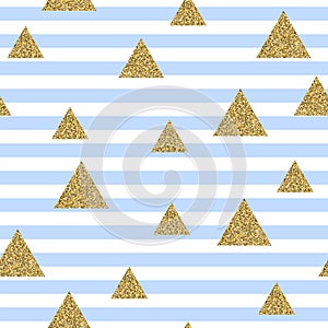 Geometric gold glitter triangle confetti on striped seamless pattern.