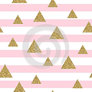 Geometric gold glitter triangle confetti on striped seamless pattern.