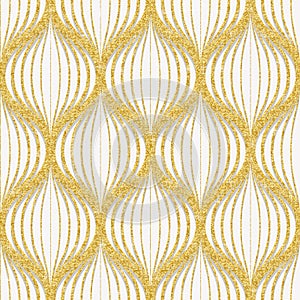 Geometric Gold glittering wavy striped ornament. Golden seamless pattern. Modern stylish textur. Trendy gold glitter texture. Foil