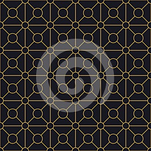 Geometric golden ornament grid on gray background. Seamless fine abstract pattern, wrapping paper