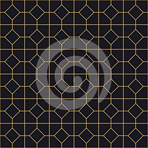 Geometric golden ornament grid on gray background. Seamless fine abstract pattern, wrapping paper