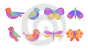 Geometric gradient birds and insects vector illustration