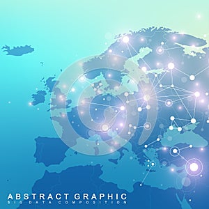 Geometric graphic background communication with Europe Map. Big data complex with compounds. Perspective backdrop