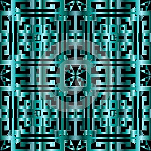 Geometric greek 3d vector seamless pattern. Ornamental modern grid background. Turquoise repeat surface backdrop