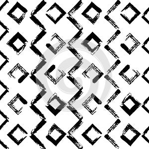 Geometric hand drawn seamless pattern. Vector zig zag ink lines. Black paint dry brushstroke abstract shapes background.