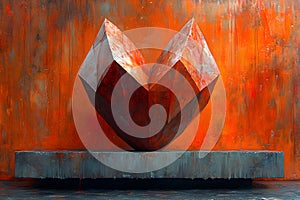 Geometric Heart Sculpture on Abstract Orange Background - Modern Art Design for Posters Generative AI photo