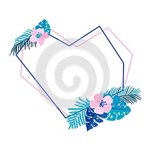 Geometric heart Summer wreath with flower tropical palm and place for text. Flat herb abstract vector garden frame love