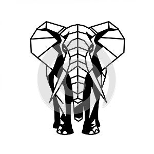 Geometric illustration of an elephant, featuring bold black lines and angular shapes.
