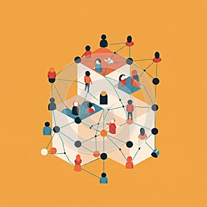 Geometric illustration features interconnected people in a 3D cube
