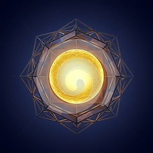 Geometric illustration featuring a glowing, yellow sphere at the center, surrounded by