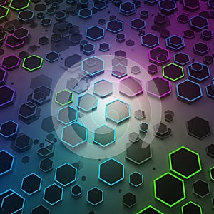 Geometric illustration featuring a pattern of hexagons on a dark background. The
