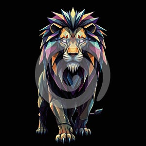 Geometric illustration of a lion with a vibrant, multicolored mane composed of angular
