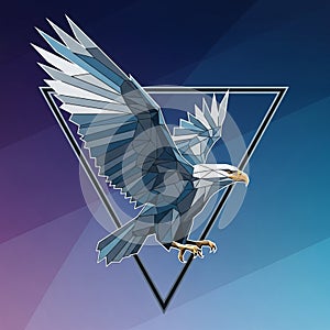 Geometric illustration of a stylized eagle in flight, depicted with angular, polygonal