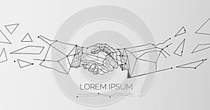 Geometric illustration of two businessmen handshake over grey background