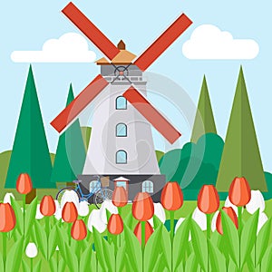 Geometric illustration of a windmill and field of tulips on a side of trees.