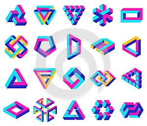 Geometric impossible shapes. Paradox triangle, square and circular figures, optical illusion vector symbols set