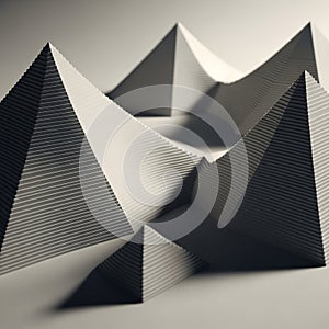 Geometric landscape featuring several white pyramidal structures composed of thin