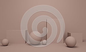 Geometric light brown abstract background with square platform and balls. 3d rendering