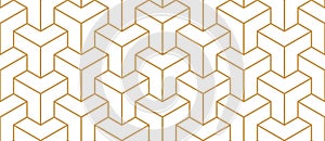 Geometric line tile seamless pattern. Isometric modern cube grid background. White and gold texture. Vintage herringbone