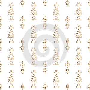 Geometric linear vector seamless pattern. Gold and white hipster symbols background